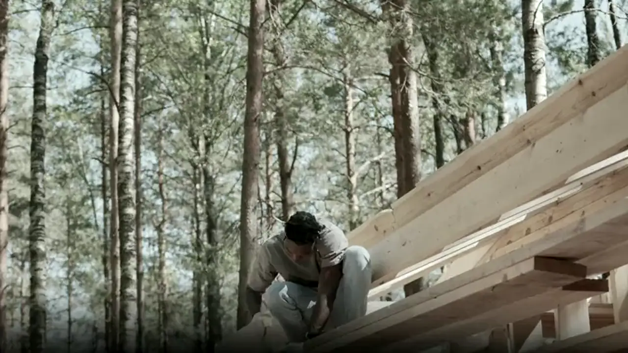 Carpenter working on a wooden roof frame
